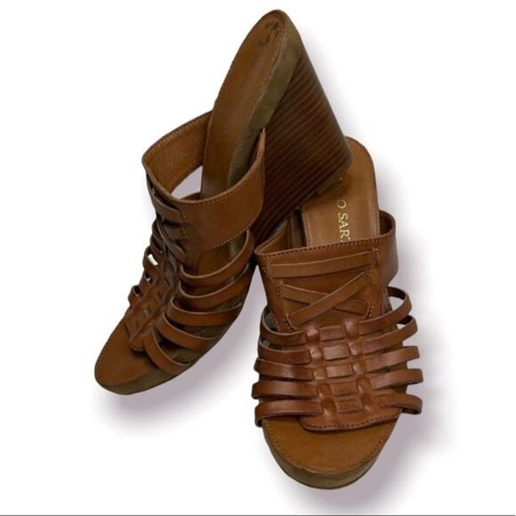 Franco Sarto Wedges Cognac Tan Leather Hillary Wedge Slide Fisherman Sandals - Picture 1 of 8